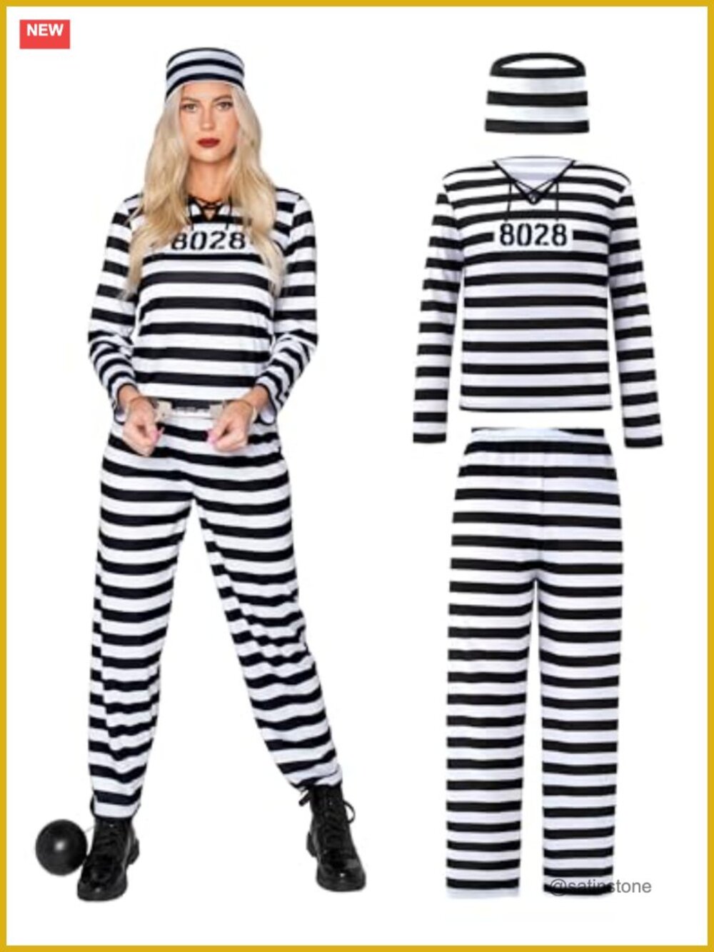 Prisoner Costume Set Hat Pants Shirt Inmate Jailbird Halloween Party